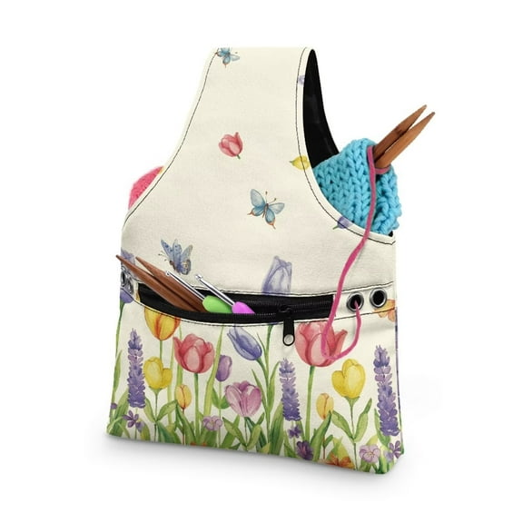 KUIFORTI Floral Knitting Yarn Bag, Yarn Bags for Crocheting on The Go Crochet Organizer Storage Bag, Yarn Tote for Crochet Accessories, Knitting Needles, Fit for Women Girls Small Size