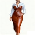 thumbnail image 3 of Gfyviroh Womens A-Line Dresses Patchwork Button Turn-down Collar Leather Dress Long Sleeve Plus Size Midi Dresses with Pockets, 3 of 5