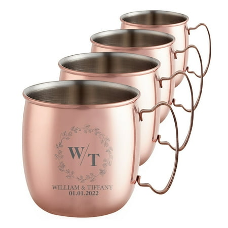 

PERSONALIZED Elegant Custom Engraved Wedding Perfect Gift Round Classic Moscow Mule Mug with Sturdy Handle Rolled Rim Smooth Copper Finish 16oz Floral Border Set of 4