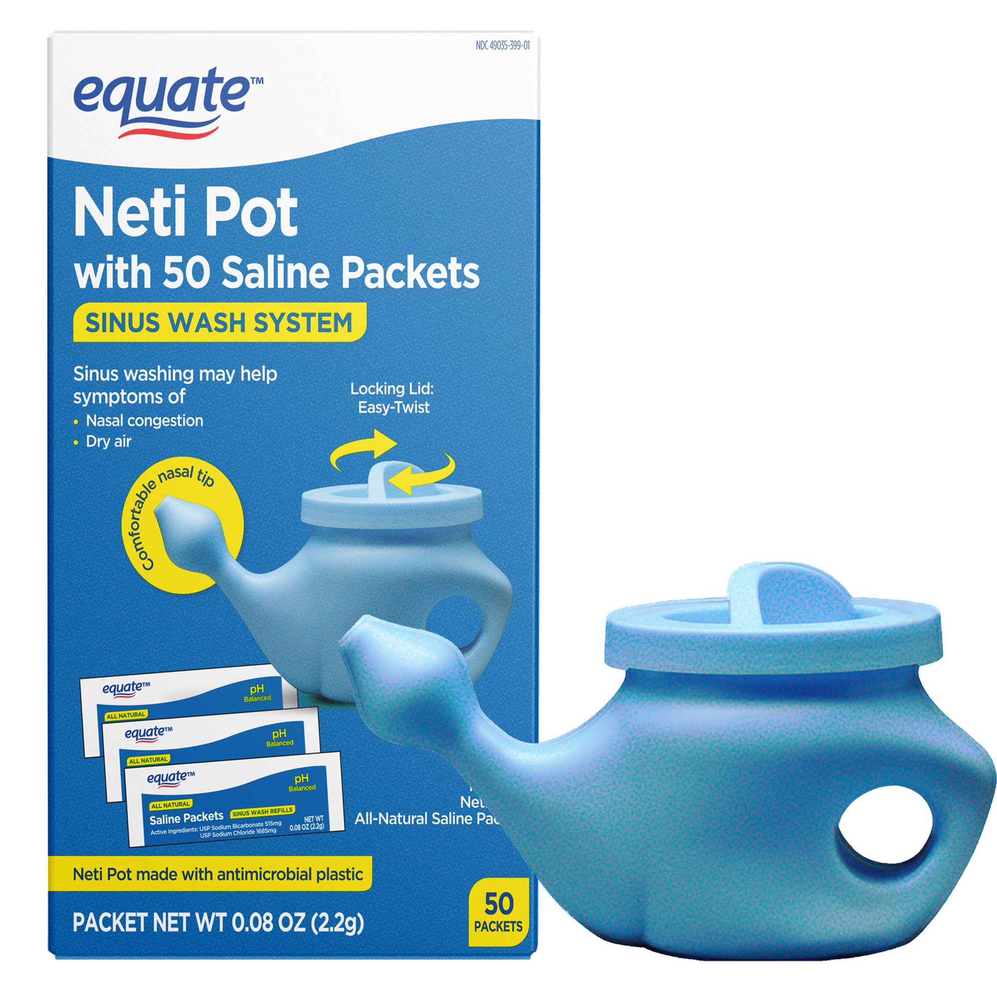 Equate Neti Pot Nasal Wash System with 50 Saline Packets for Sinus Congestion Relief, Blue