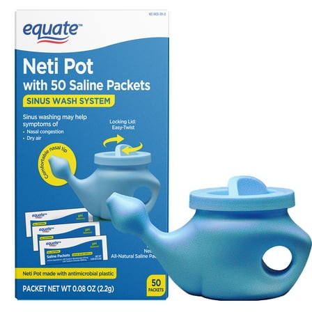 Equate Neti Pot Nasal Wash System for Sinus Congestion Relief, 50 Saline Packets, Blue