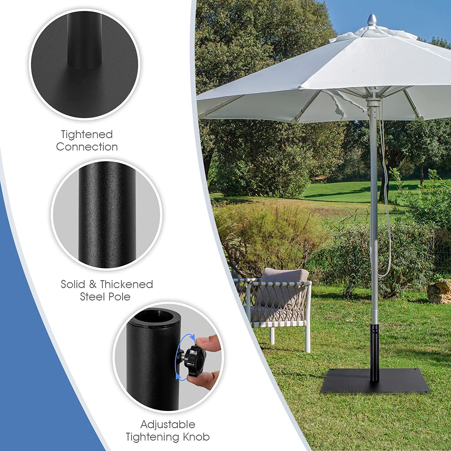WBTER 42 LBS Patio Umbrella Base, 25 Inches Heavy Duty Square Market Umbrella Base Stand W/4 Non-Slip Pads, 1.6”/1.9” Adapters, Tightening Knob, Outdoor Umbrella Stand for Patio, Poolside