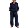 thumbnail image 3 of Mfakffe Womens 2‑Piece Casual Outfit Half‑Zip Collared Top and Wide Leg Pants Set Loose Relaxed Matching Tracksuit for Daily Wear, 3 of 6