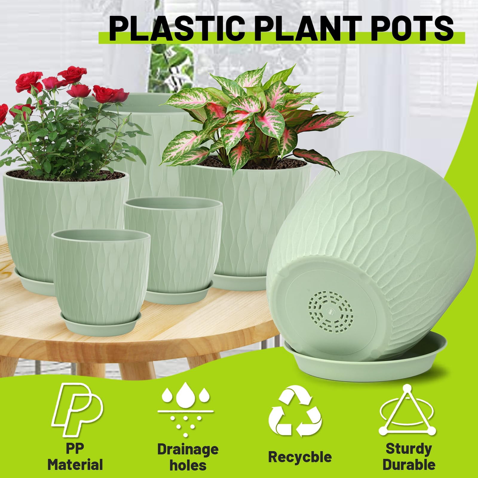 Plastic Plant Pots 10/9/8/7.5/7 inch Set of 5, Flower Planters with Drainage Holes and Saucers, Plastic Pots for Indoor Outdoor Plants(Green)