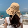 thumbnail image 5 of Sombrero de pescador de ala grande de color sólido con protección solar, de 55 a 60 cm de circunferencia, para mujer, sombrero de verano anti-ultravioleta con lazo, 5 of 5