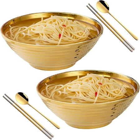 

Ramen Noodle Bowl Sets: Stainless Steel Korean Bowls Large Metal Pho Soup Bowl with Chopsticks and Spoons Gold 2PCS
