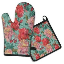 Pioneer Flower Floral Print Pattern Kitchen Oven Mitt and Pot Holder Sets 2 Pcs for Baking, Cooking and Grilling, Heat Resistant Up To 392 °F