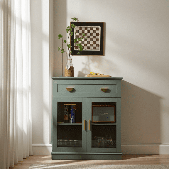 31.5 Small Modern Buffet Cabinet with Glass Doors, Sideboard Cabinet With Storage,Coffee Bar Cabinet With Adjustable Shelf and a Drawer, Green