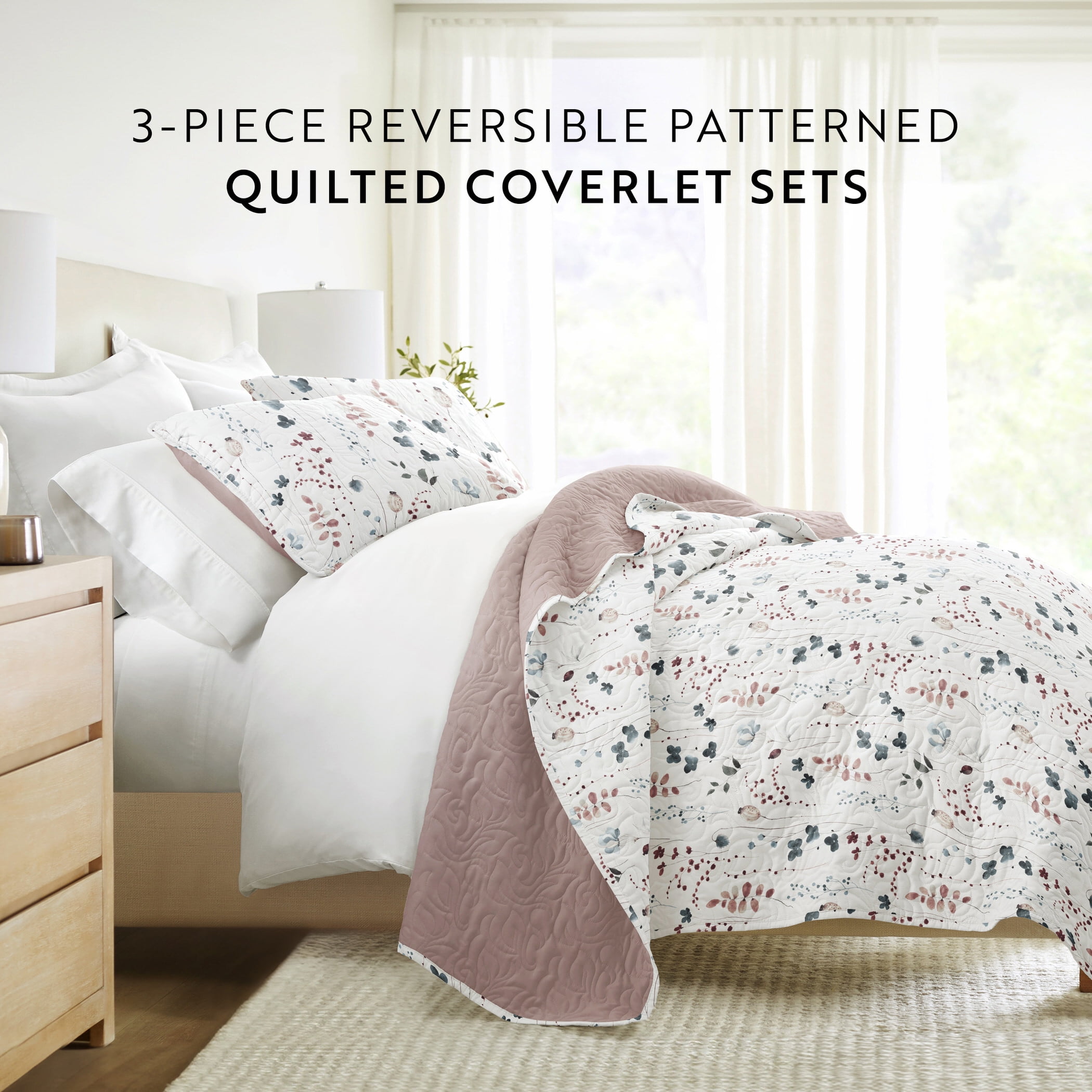 Noble Linens 3-Piece Mauve Poppy Bloom Reversible Quilt Set, Twin
