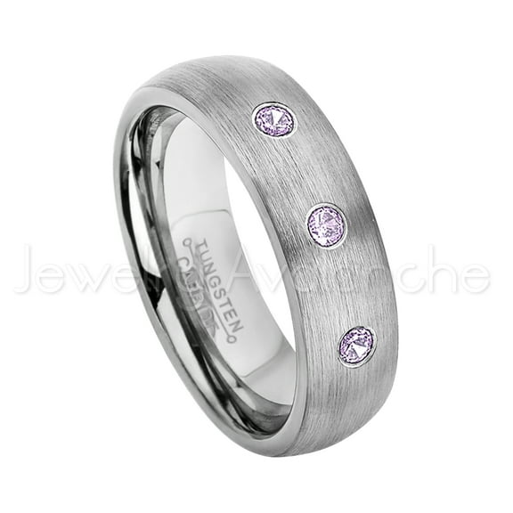 6mm Brushed Dome Tungsten Ring - 0.21ctw Amethyst 3-stone Band - Personalized Tungsten Wedding Ring - Custom Made February Birthstone Ring TN060BS