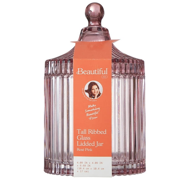 Beautiful Rose Pink Ribbed Glass Lidded Jar by Drew Barrymore