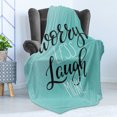 thumbnail image 4 of Laugh More Worry Less Soft Flannel Fleece Throw Blanket, Calligraphic Style Inspirational Phrase Pattern, Cozy Plush for Indoor and Outdoor Use, 50" x 60", Pale Blue Charcoal Grey, by Ambesonne, 4 of 5