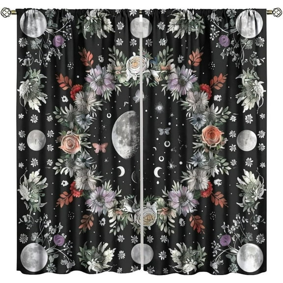 Moon Flower Blackout Curtains, Rustic Farmhouse Plant Moon Floral Bohemian Natural Print Window Drapes, for Bedroom Living Room 84" W X 84" L