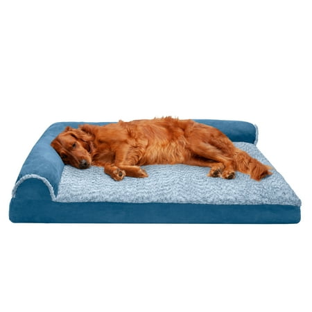 UPC: 0842229123845 | FurHaven Pet Products Two-Tone Faux Fur & Suede Deluxe L-Chaise Memory Top Sofa-Style Pet Bed for Dogs & Cats – Marine Blue Jumbo