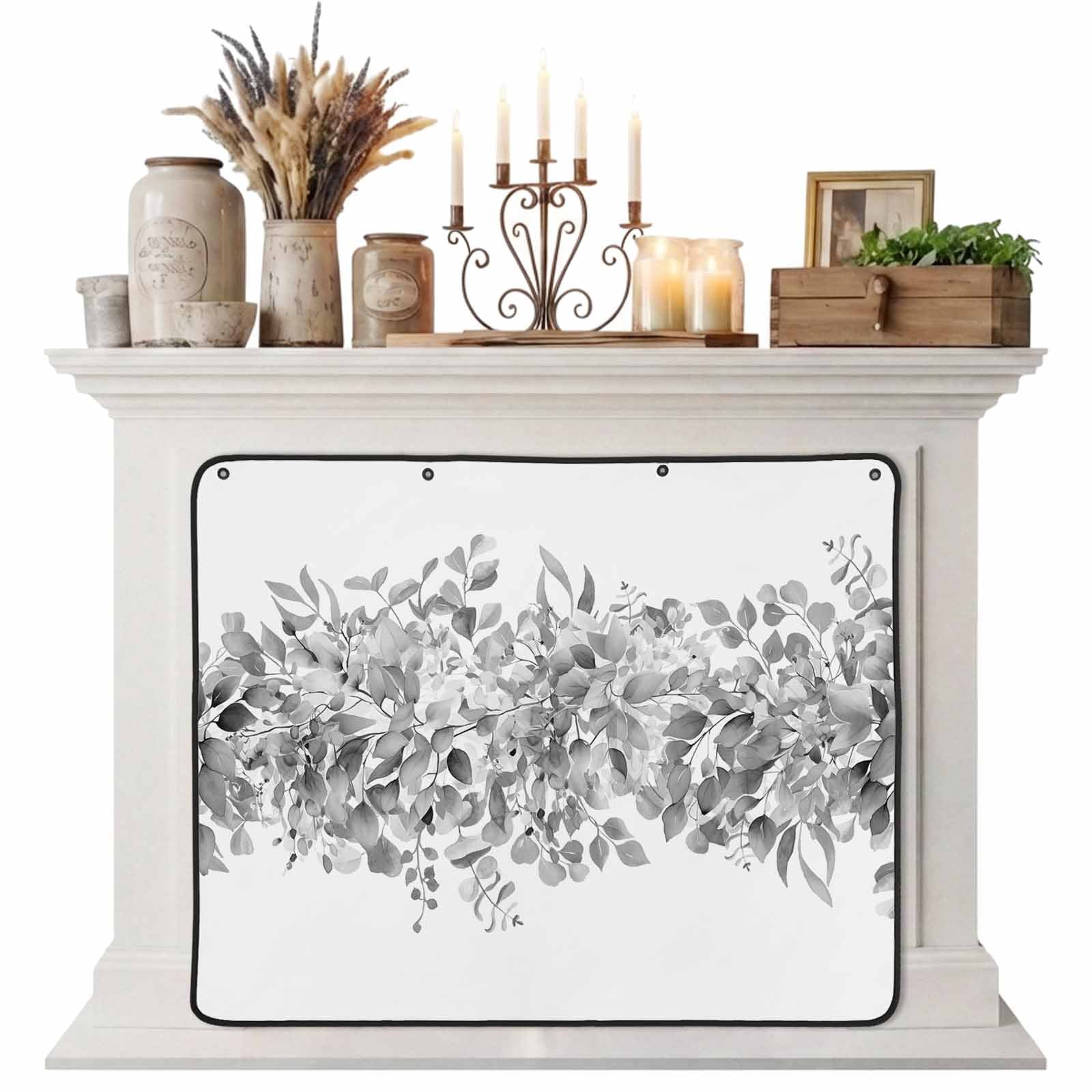 Black Grey Eucalyptus Leaves Magnetic Fireplace Cover Fireplace Draft Blocker Spring Summer Botanical Floral Fireplaces Blanket for Heat Loss/Cold Air Fireplaces Draft Stopper Cover 36 x30