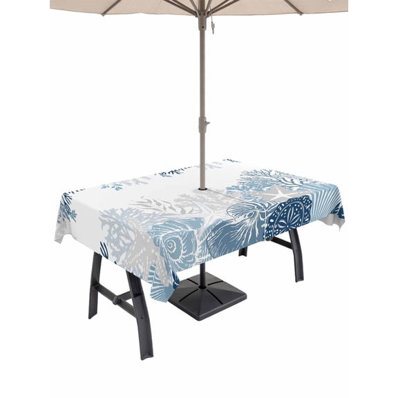 Outdoor Tablecloth with Umbrella Hole for Patio/Picnic/Party/Camping, Ocean Starfish Waterproof Table Cloth Rectangle Table Cover Washable, Coastal Weeping Corals Marine Conch Lake Blue (60"x 120")