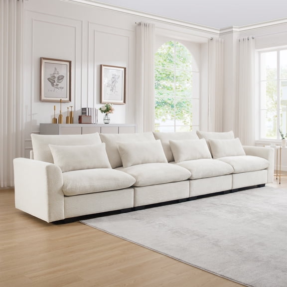 4-Seater Deep Seat Couches for Living Room, Comfy Beige Corduroy Sofas for Living Room Modern with 4 Waist Pillows (Beige)