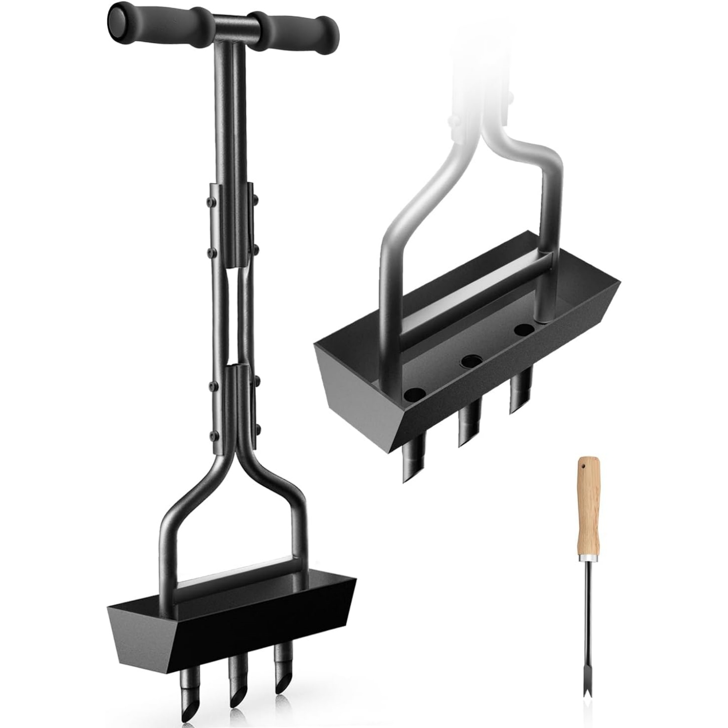 Manual Garden Plug Aerator for Grass Aeration, Yard Aerator & A Cleaning Tool for Compacted Soil, Lawn Care, 38”,Patented, Black Handle