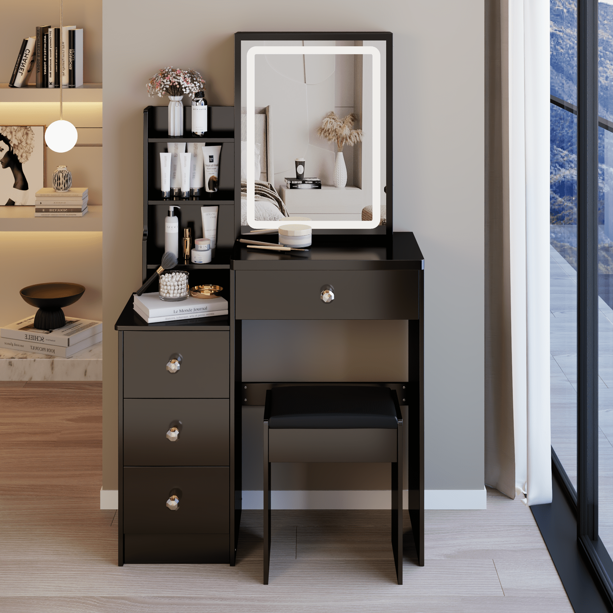 29.2" Small Size Left Bedside Cabinet Vanity Table + Cushioned Stool, Large Sliding, Touch Control, Tri-color Switching, Brightness Adjust LED Mirror, High Capacity Storage