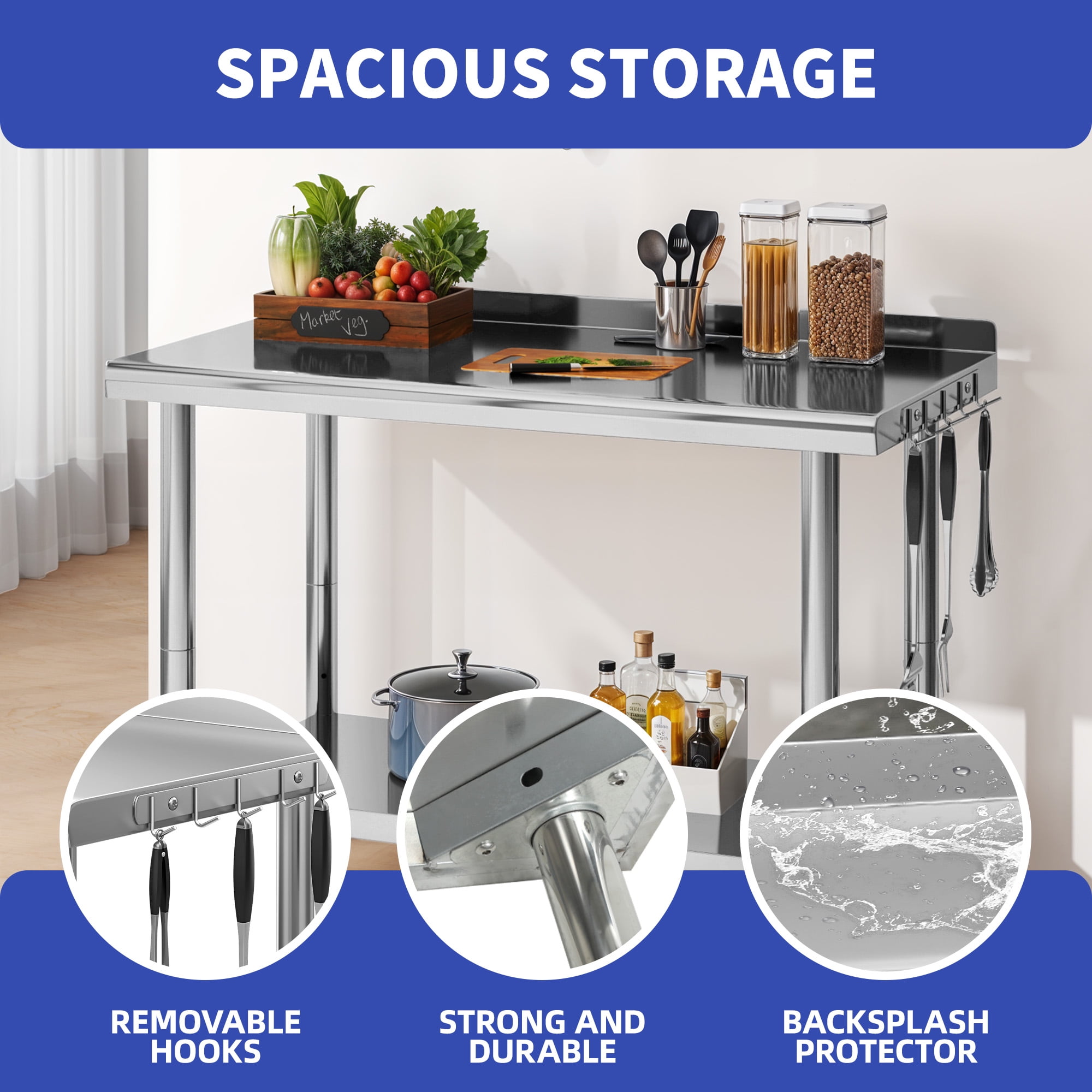 ModFusion 48" Stainless Steel Prep Table with Hooks, Backsplash, 4x2x2.7 ft Adjustable Food Storage, Commercial Workstation Restaurant Home Hotel