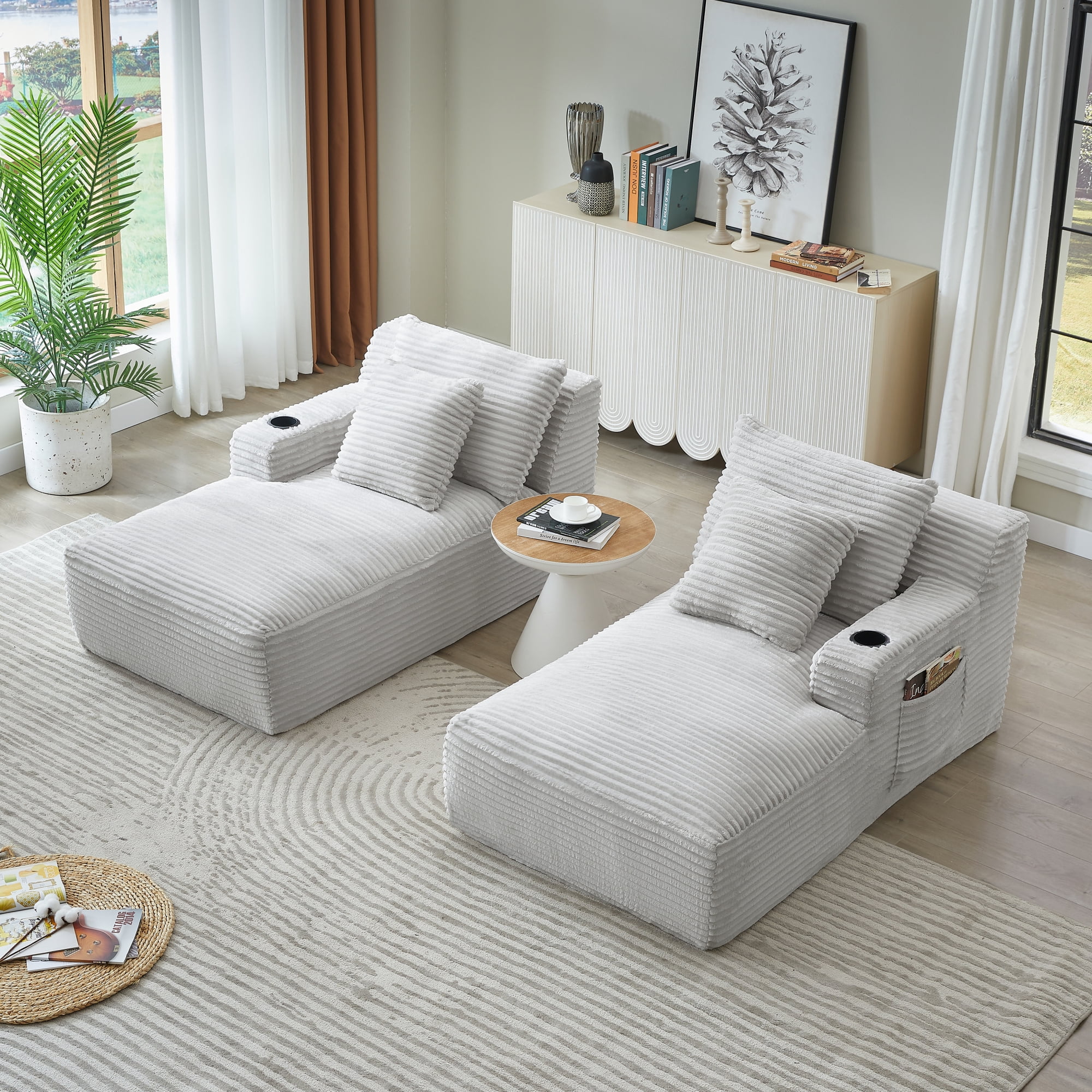Leumius Oversized Double Chaise Lounge Sofa Bed, Boneless Lounge Sofa Bed with Cupholders,Fluffy Modern Sleeper Loveseat for Living Room,No Assembly Required,Light Gray