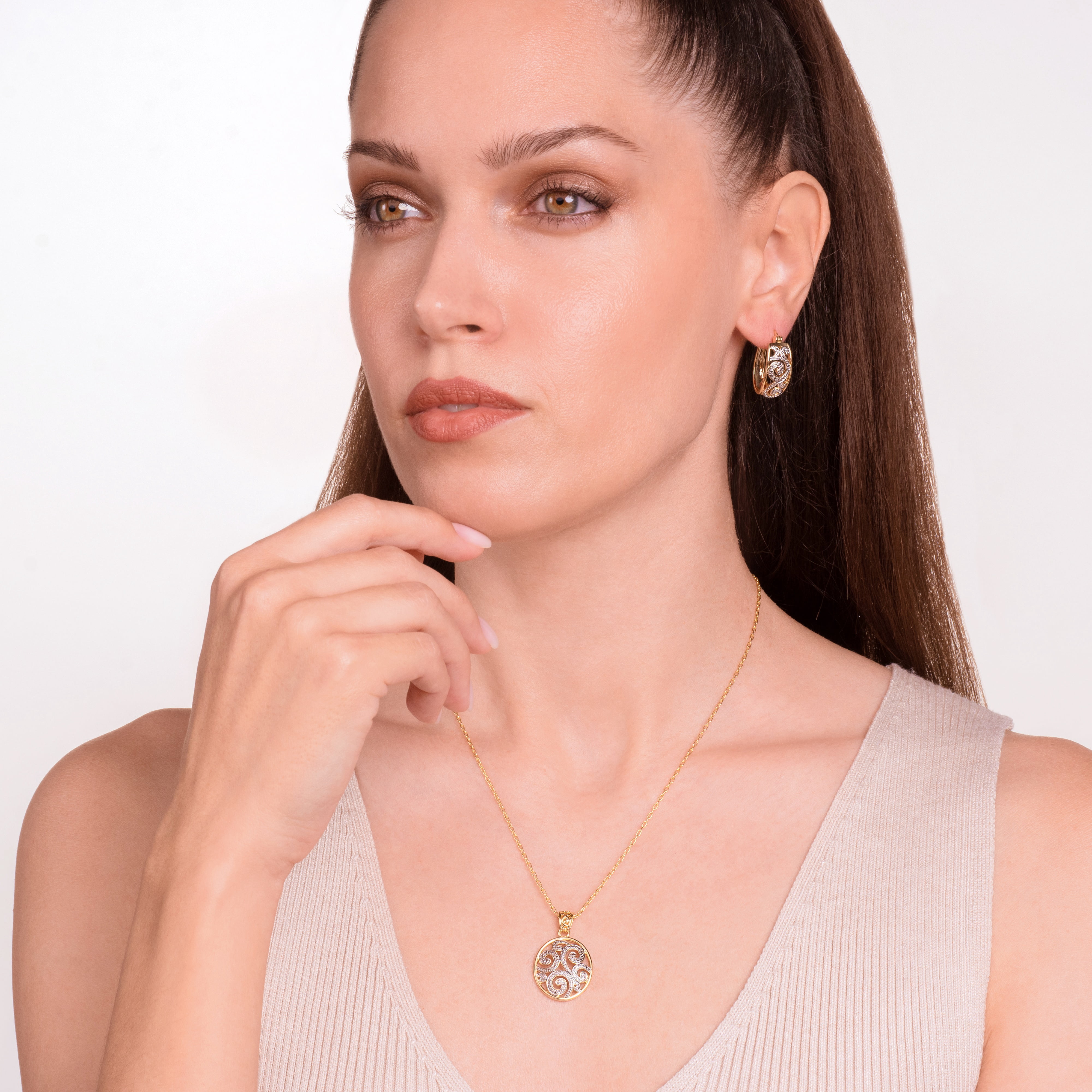 Forever Facets Diamond Accent Paisley Swirl Earring and Pendant Necklace Set in 18k Yellow Gold over Bronze, Adult Female