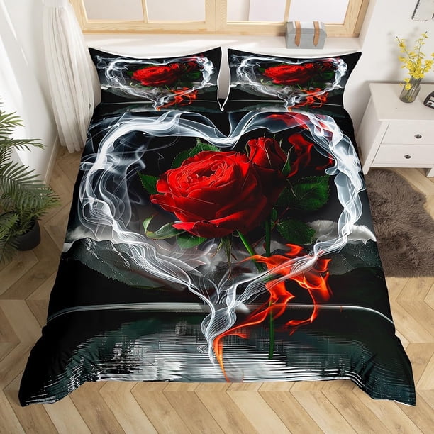 Rosa funda nórdica flores románticas Queen Juegos de cama, amor corazones edredón