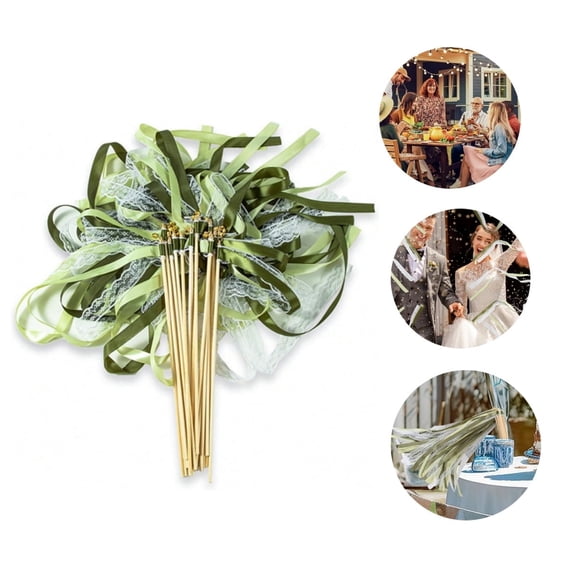 Colorful Ribbon,Green Portable Wedding Sticks with Gold Bells,QZS Reusable Streamers Sticks for Celebration,Dance Ribbons for Wedding Party,20Pcs