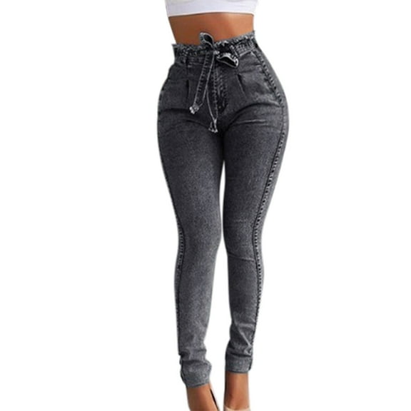 Aellinatey Women Fringe Tassels High Waist Stretch Skinny Jeans Slim Bodycon Pencil Pants Lace-Up Bandage Belt Push Up Denim Long Trousers