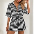 thumbnail image 2 of Short Rompers for Women Dressy Casual Striped Button Up Short Sleeve Jumpsuit Shorts with Belt Pockets (M, Black), 2 of 7