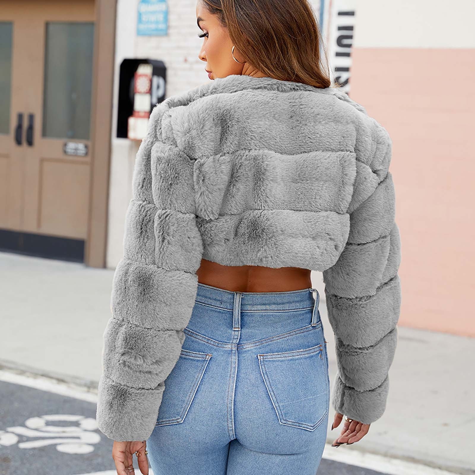 Nrmvnmi Women Fluffy Faux Fur Coat Cropped Jacket Puffer Jacket