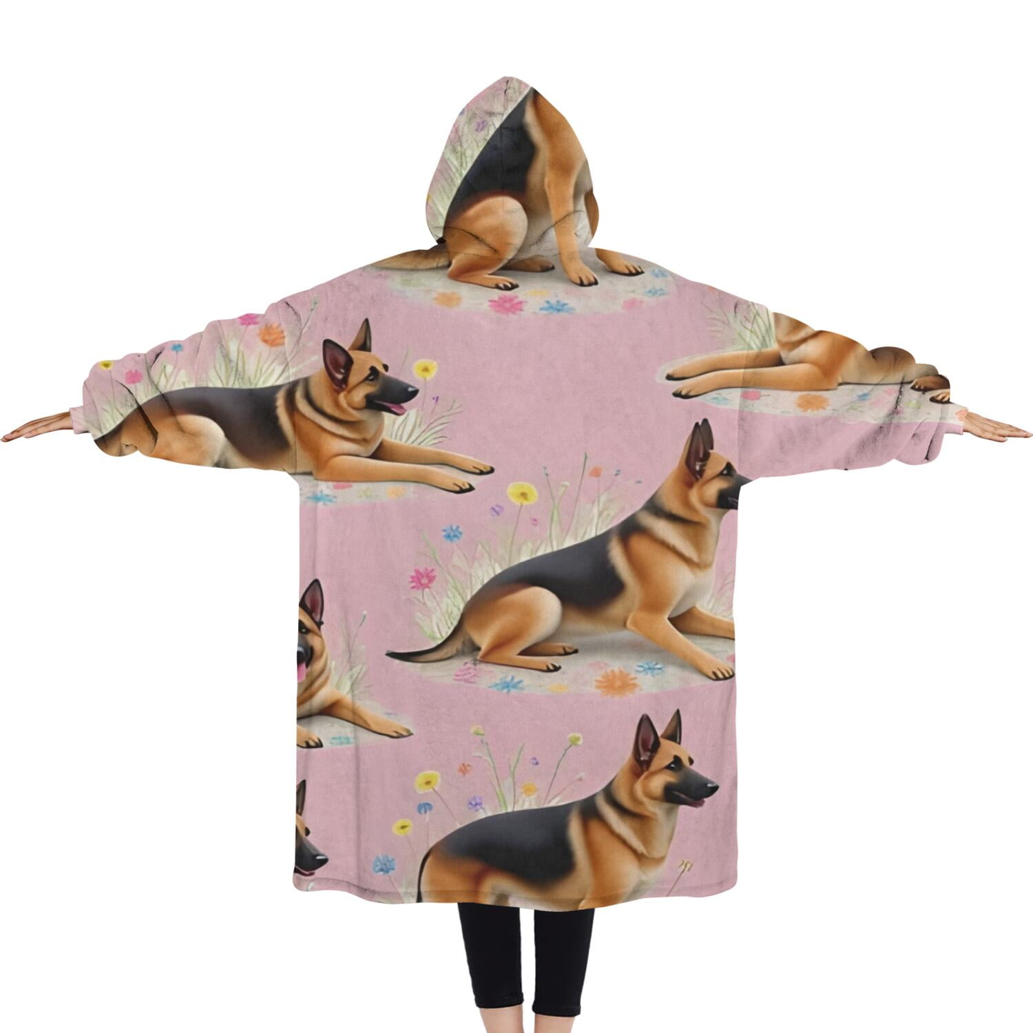 Oversized Wearable Blanket Hoodie,German Shepherd Sherpa Blanket Hoodie with Super Pockets,Super Warm Fuzzy Pullover for Women & Men