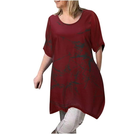 

Womens Plus Size Short Sleeve Loose Fit Flare Swing Tunic Tops Summer Casual High Low Shirt Dress