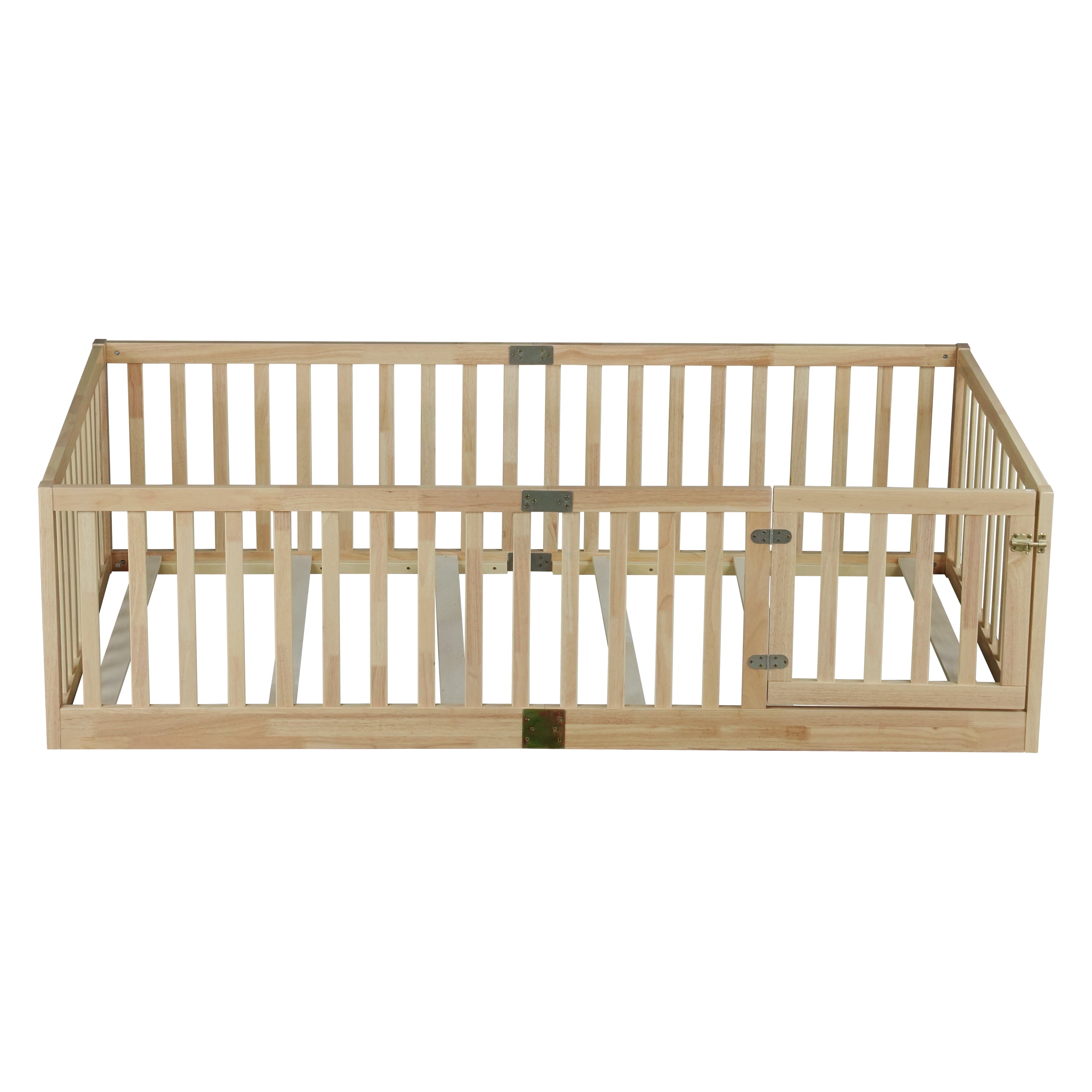 Twin Size Rubber Wood Floor Bed with High Fence & Door, Montessori Floor Bed with Safety Guardrails, Natural Finish, No Box Spring Needed