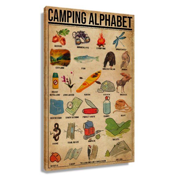 Camping Alphabet Knowledge Poster Educational Wall Art Infographic Poster Decorative Print for Bathroom Giclee Modern Canvas Printing Painting Unframed 12×18 in