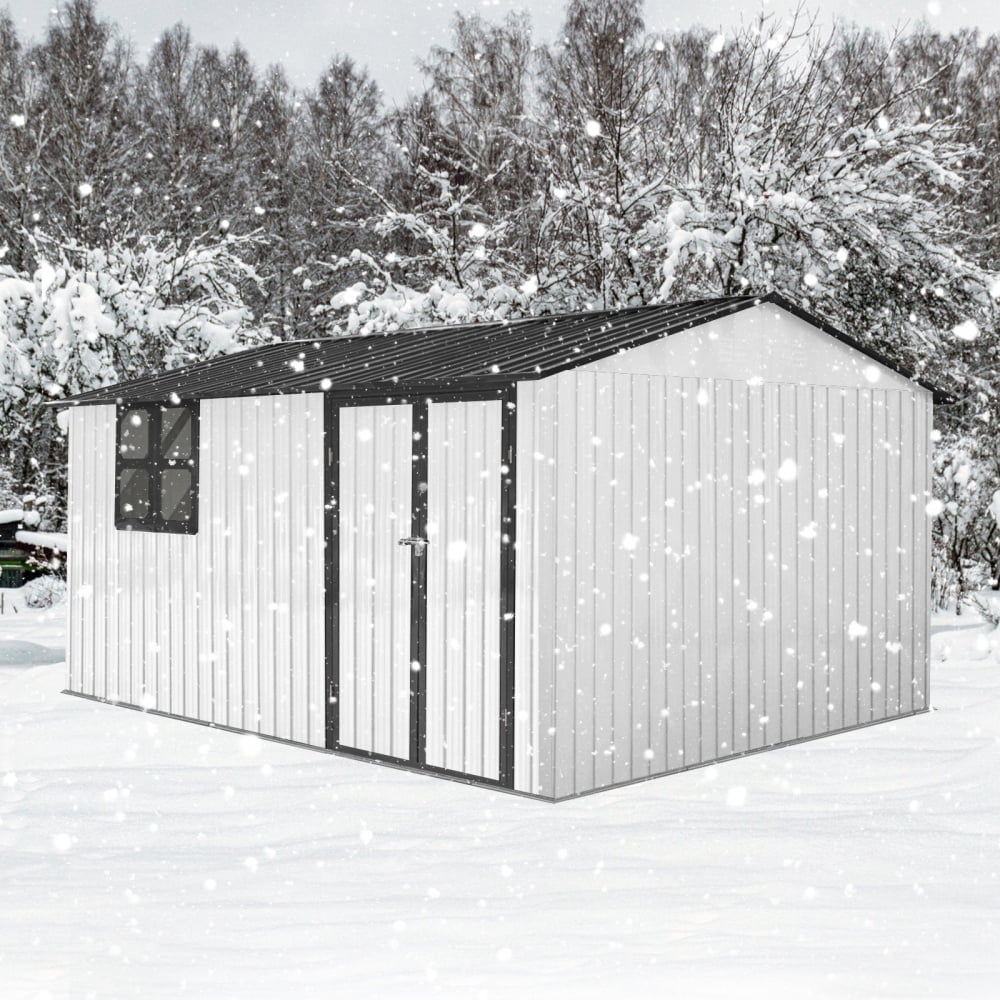 12ft x 10ft Metal Outdoor Storage Garden Tool Shed Workshop with Foldable Worktable, Shelves, Window, Hanging Lamp Hook & Apex Roof for Backyard Garden Patio, White+Black