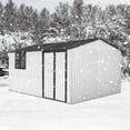 thumbnail image 3 of 12ft x 10ft Metal Outdoor Storage Garden Tool Shed Workshop with Foldable Worktable, Shelves, Window, Hanging Lamp Hook & Apex Roof for Backyard Garden Patio, White+Black, 3 of 7