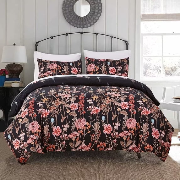 Shatex Black Floral Comforter 3 Piece All Season Bedding Tropical Floral Pattern King Size Comforter Sets Farmhouse Style - Ultra Soft 100% Polyester– Comforter Sets King Size Bed with 2 Pillow Shams