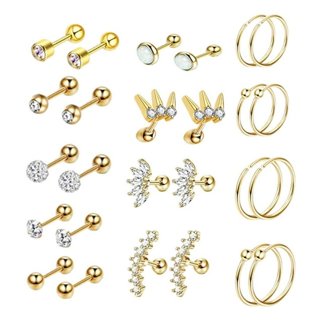 Pendientes de Tuerca Salvador 16G CZ 8mm 6mm Acero Inoxidable Tono Dorado