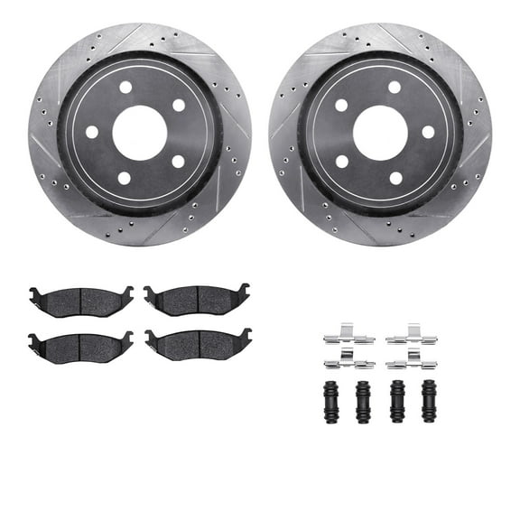 Dynamic Friction Company Rear Brake Rotors-Drilled and Slotted-Silver with 5000 Advanced Brake Pads includes Hardware 7512-40083