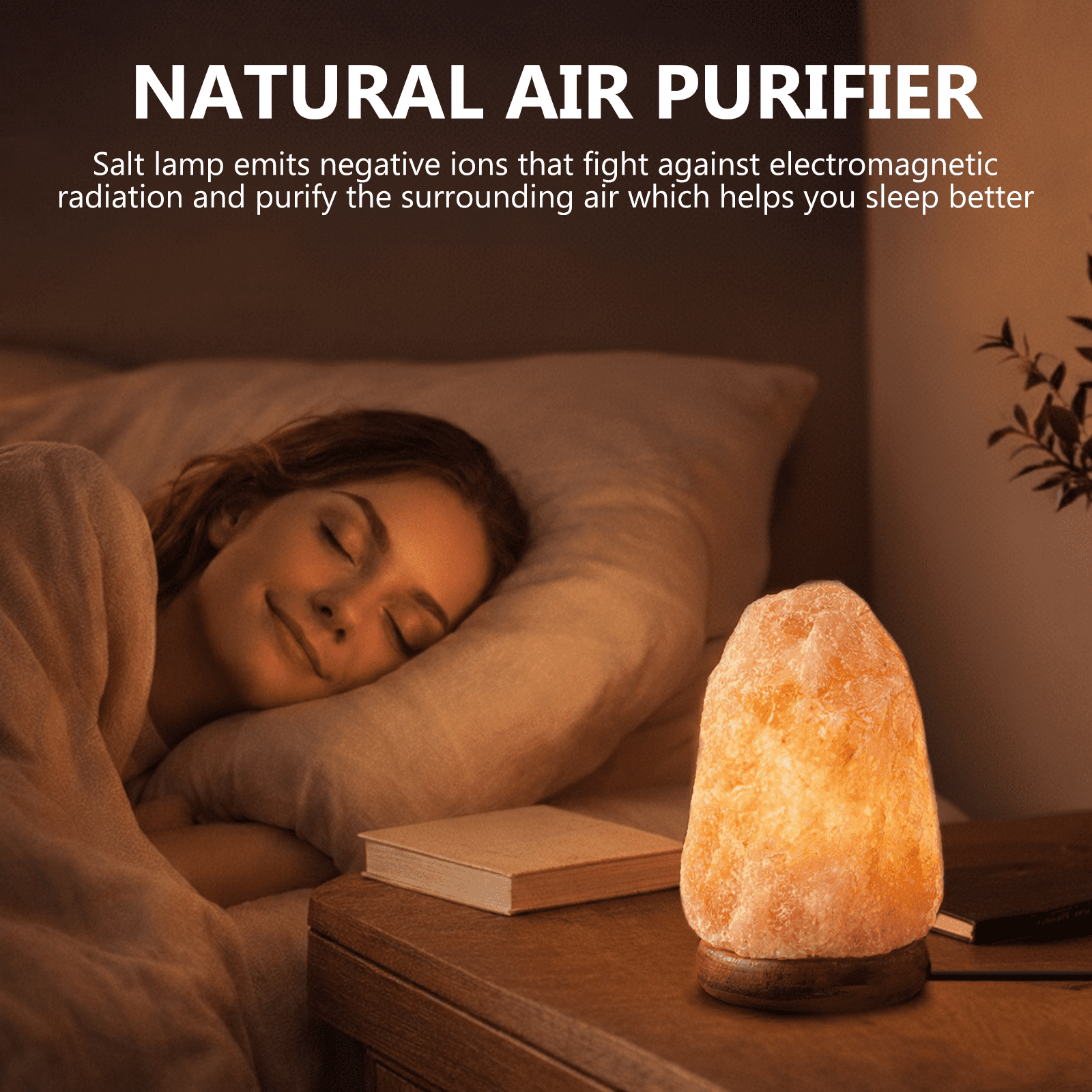 Himalayan Salt Lamp with Wood Base, Plug-in, Light Bulb Included, 7 Colors, for Relax/Sleep