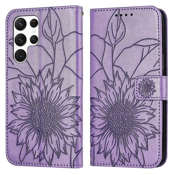 Funda tipo cartera con girasoles grabados para Samsung S22 Ultra, multifuncional, elegante y con protección total.