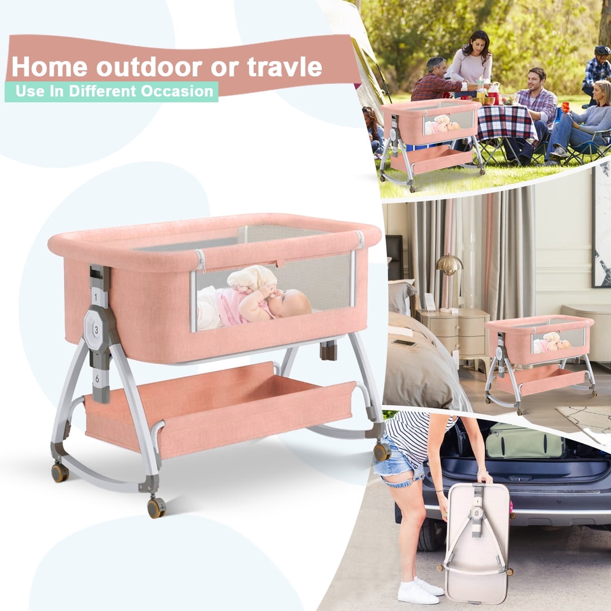 LUOLUO 4-in-1Baby Bassinet, Infant Bedside Crib with Storage Basket & Wheel & Changing Table, 6 Gear Adjustable Height, for 0-36 Months, Pink