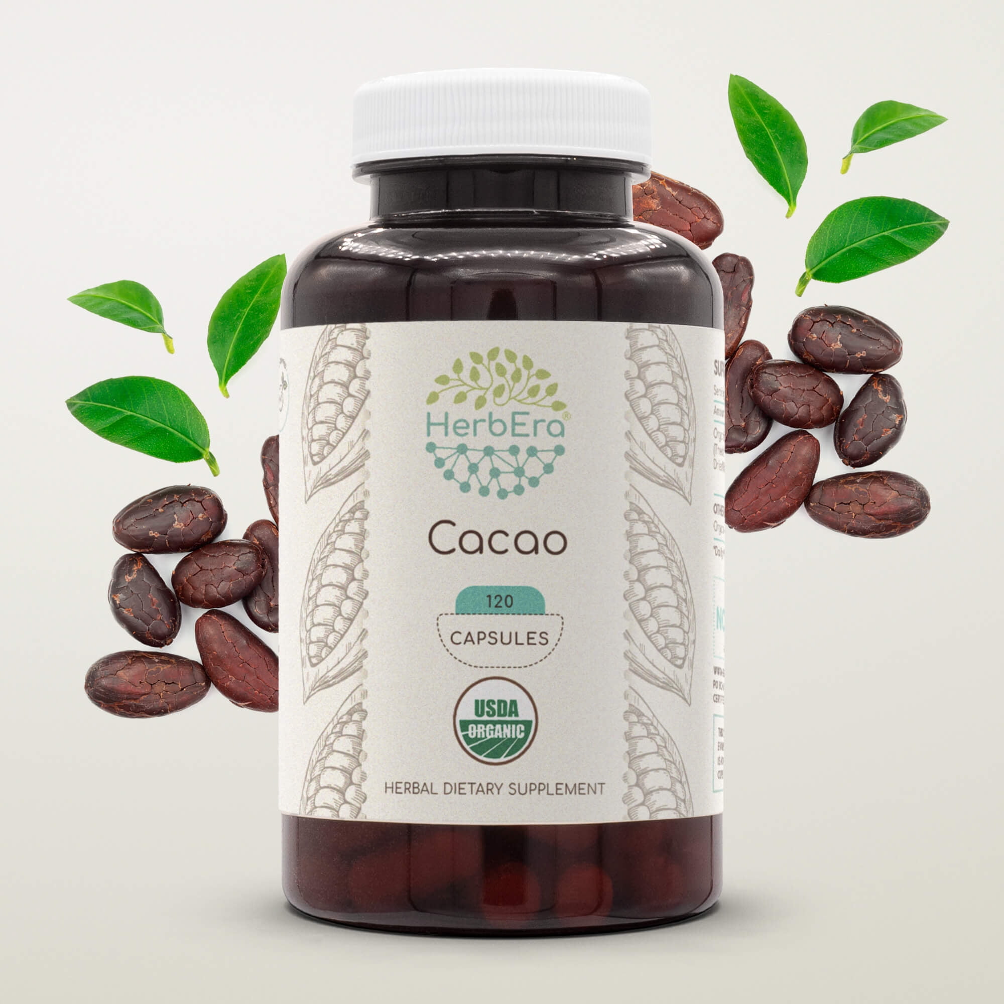 HerbEra Cacao Capsules, Organic Herbal Dietary Supplement for Antioxidant Support, Certified Organic Cacao (Theobroma cacao) Dried Raw Beans Capsules, Natural, 120 Capsules