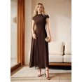thumbnail image 4 of Womens Elegant Brown Cap Sleeve High Neck Flowy Pleated Maxi Dress, 4 of 9