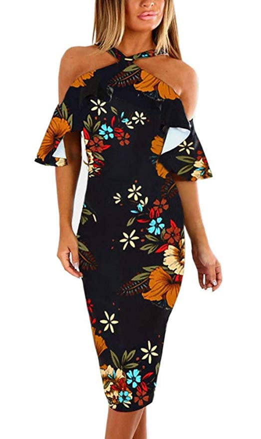 stylish ruffled halter bodycon midi dress
