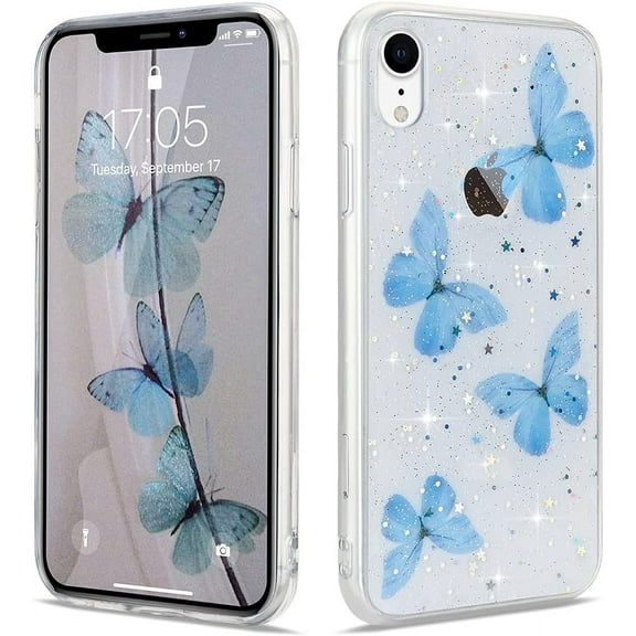 Compatible with iPhone Xr case,Bling Cute Glitter Blue Butterfly Case for Women Girls Soft TPU Bumper Silicone Transparent with Sparkly Stars Shockproof Protective Cover for iPhone Xr,Clear