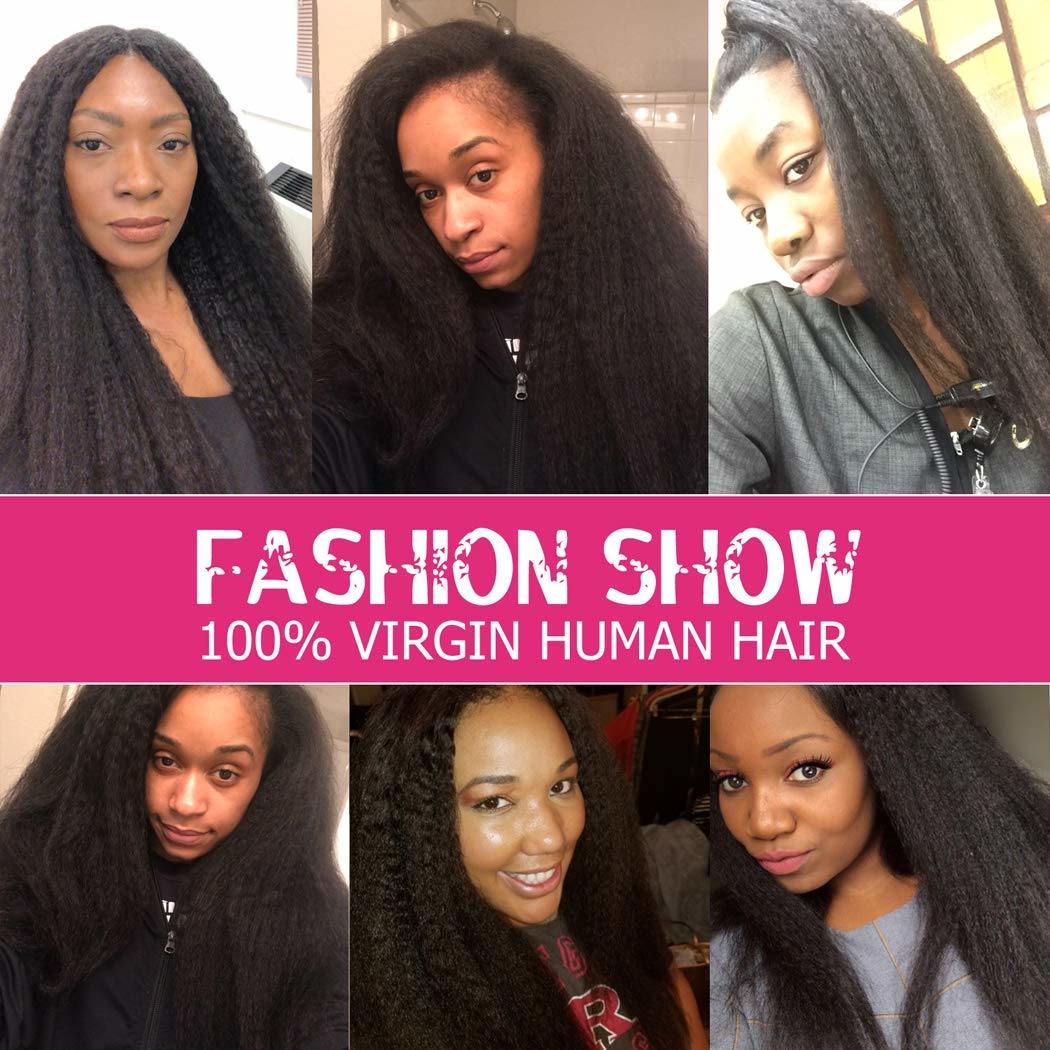 Brazilian Kinky Straight Human Hair Bundles With Frontal Free Part Ear to Ear Remy Sew in Hair Extensions Natural Black(16 18 20 with 14)