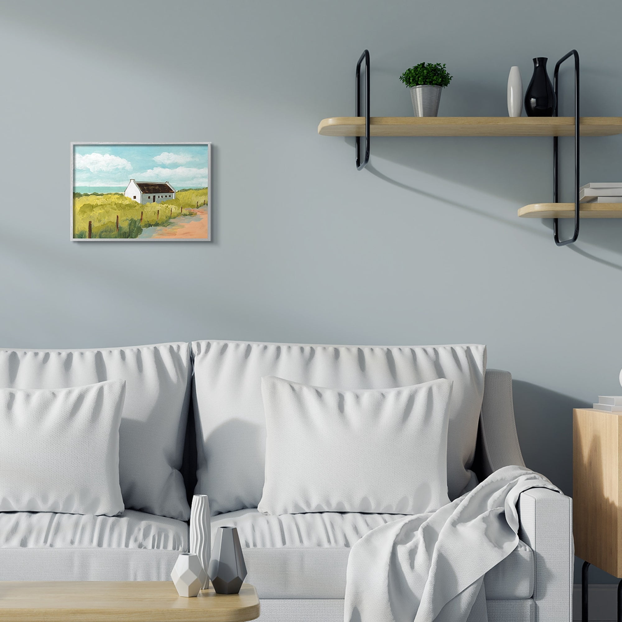 Stupell Industries White Cabin Architecture Grassy Coastal Beach Landscape Grey Framed, 16 x 20, Design by Bart E. Slyp