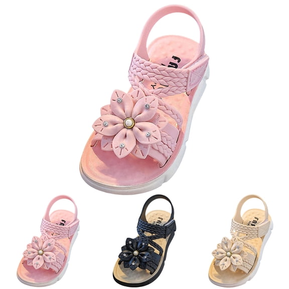 Toddler Girls Sandals Open toe T Strap Kids Flower Sandal Adjustable Ankle Strap Princess Flat Shoes with Comfortable Sole Dress Summer Cute Slides Beige Size 13 Little Kid